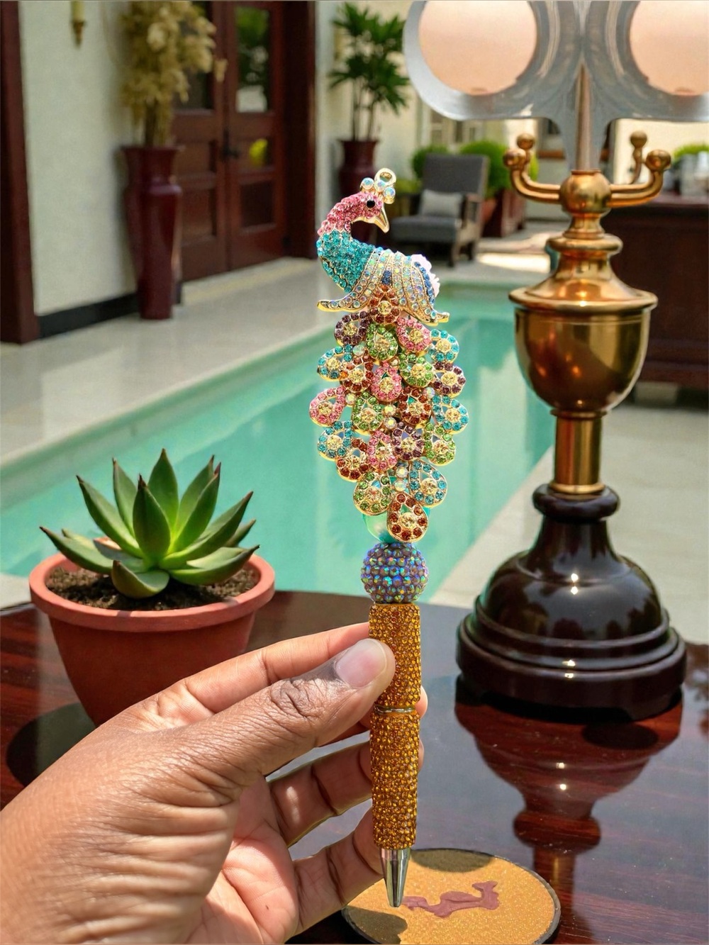 Handmade Decorative Multicolor Peacock Bird Pen - Gold Beaded Design